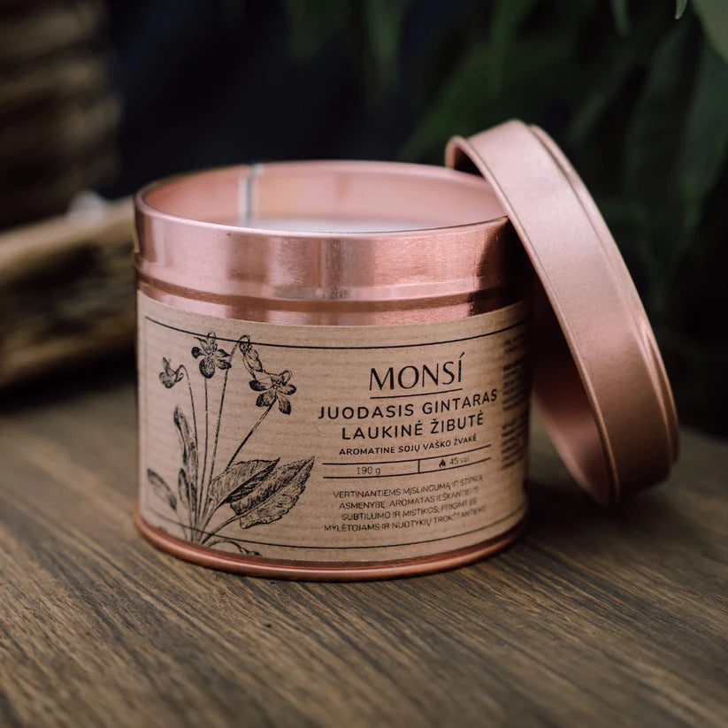 Rankų darbo MONSI Sojų vaško žvakė juodasis gintaras ir laukinė žibutė 100 ml.